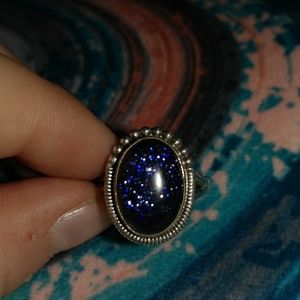 Gorgeous Blue Goldstone and Silver Metal Ring
